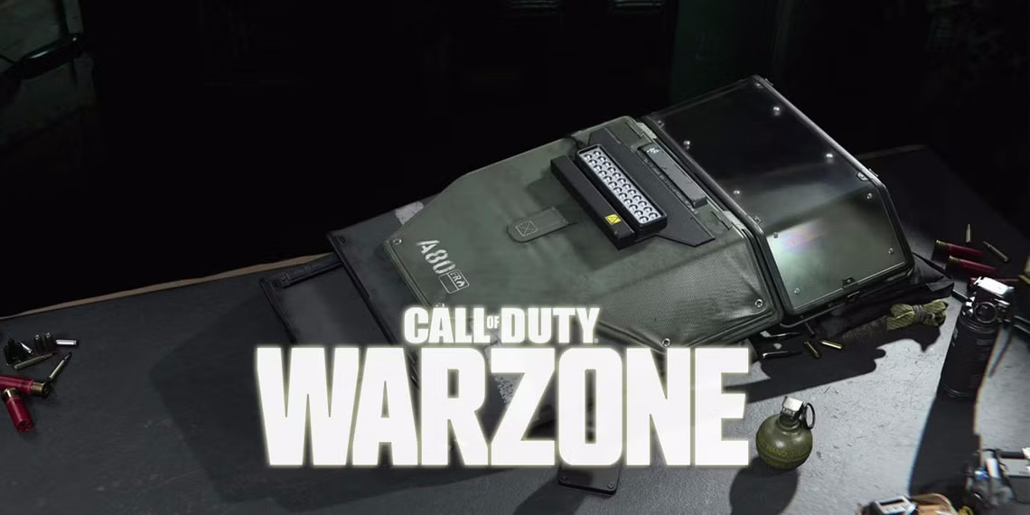 grey video game riot shield with the text Call of Duty Warzone