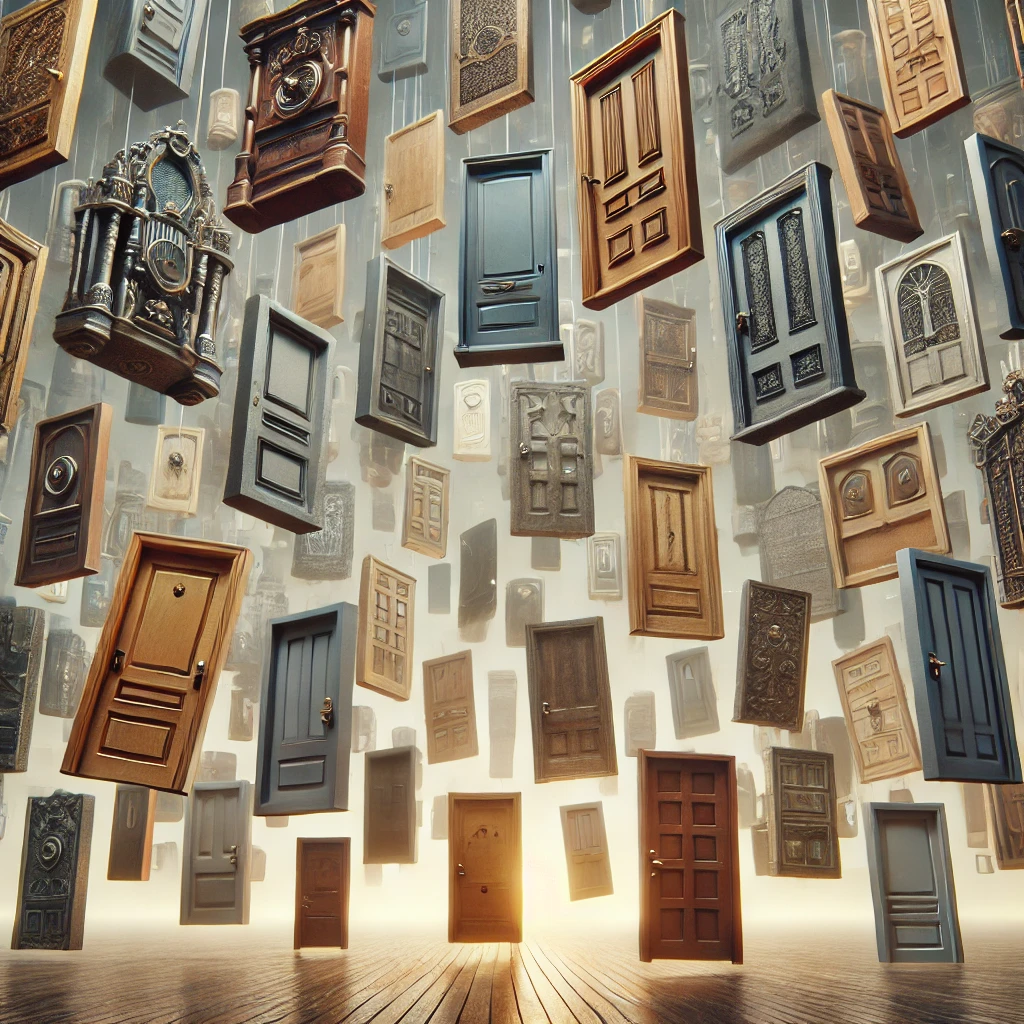 Many different kinds of doors mystically floating in a large room