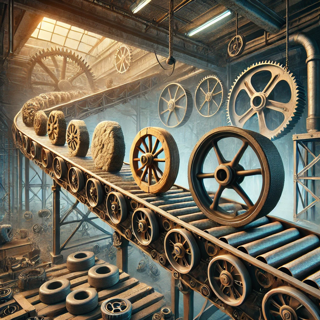 A factory with a conveyer belt of different types of wheels being made