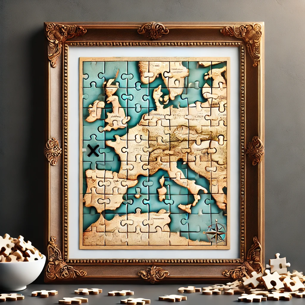 A map in the form of puzzle pieces connected in a picture frame