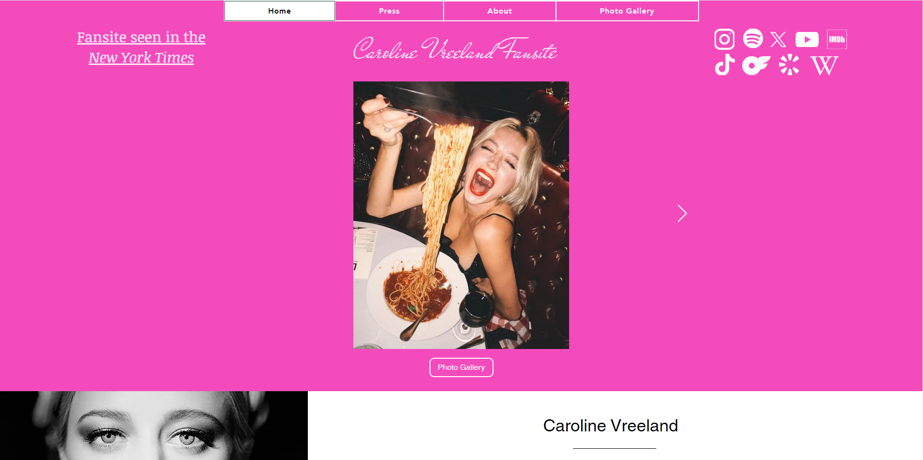 Screenshot of Carolinevreeland.com homepage with a photo of her eating spaghetti