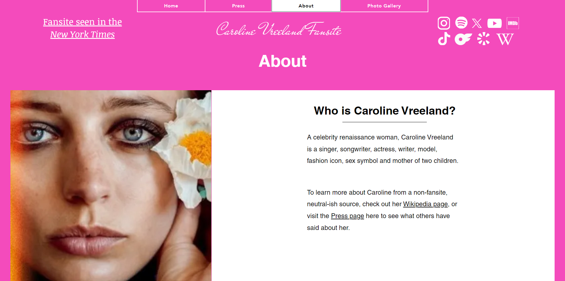 Screenshot of Carolinevreeland.com About page with her a close up of Caroline Vreeland's face next to text