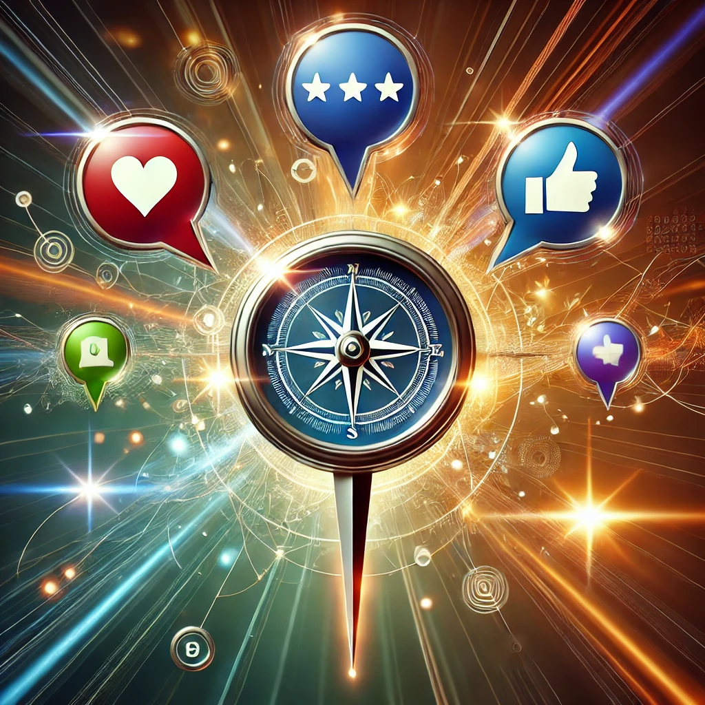 a compass surrounded by digital interaction icons like a thumbs up like and a heart and review stars