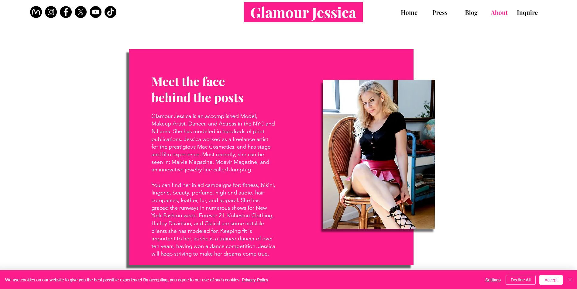 screenshot of glamourjessica.com about page with a photo of Glamour Jessica next to a body of About text