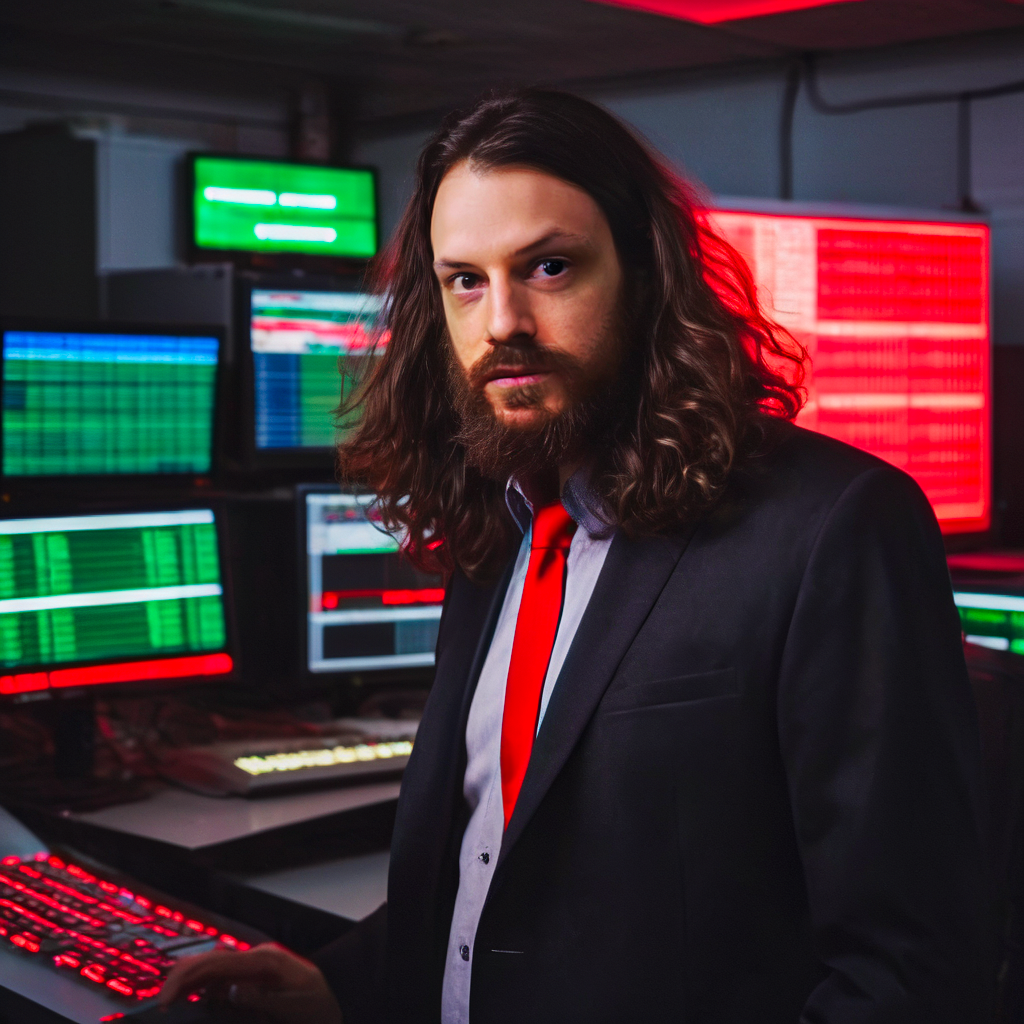 Rito posing in a suit looking at viewer with monitors behind him