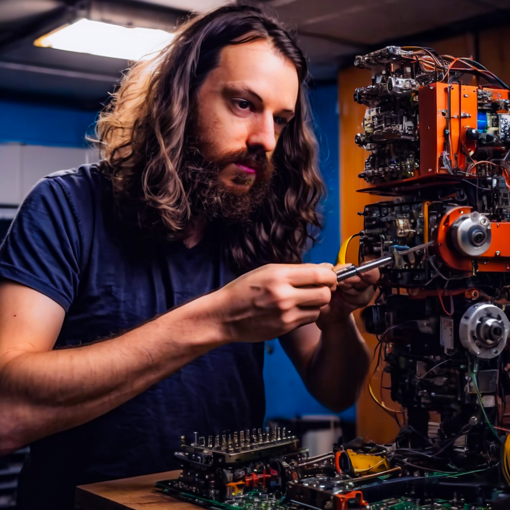 Rito tinkering with a robot with his hands and tools