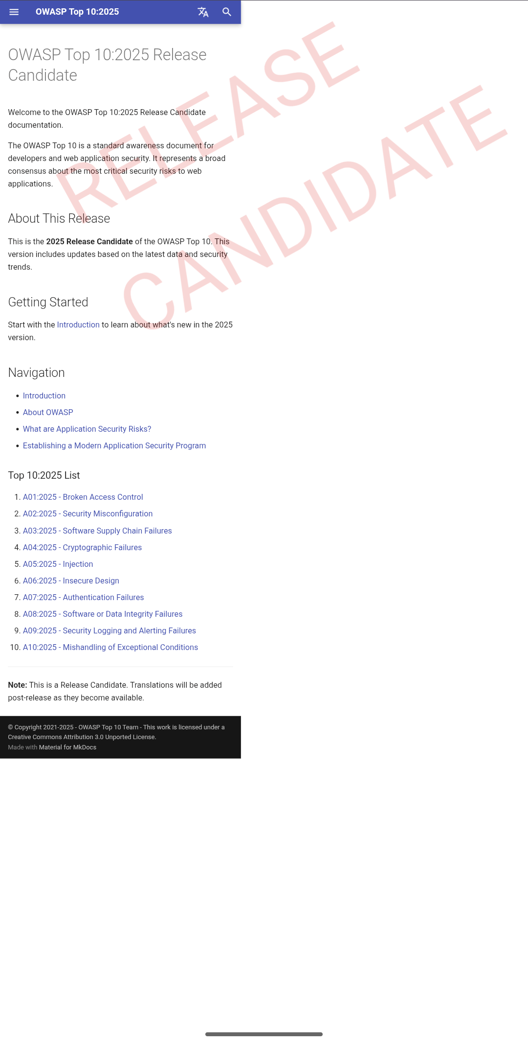 OWASP Top 10 release candidate mobile layout before watermark fix