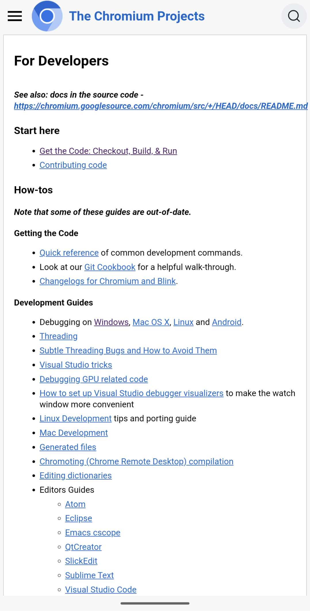 The For Developers page after the change, with the columns stacked vertically at full width