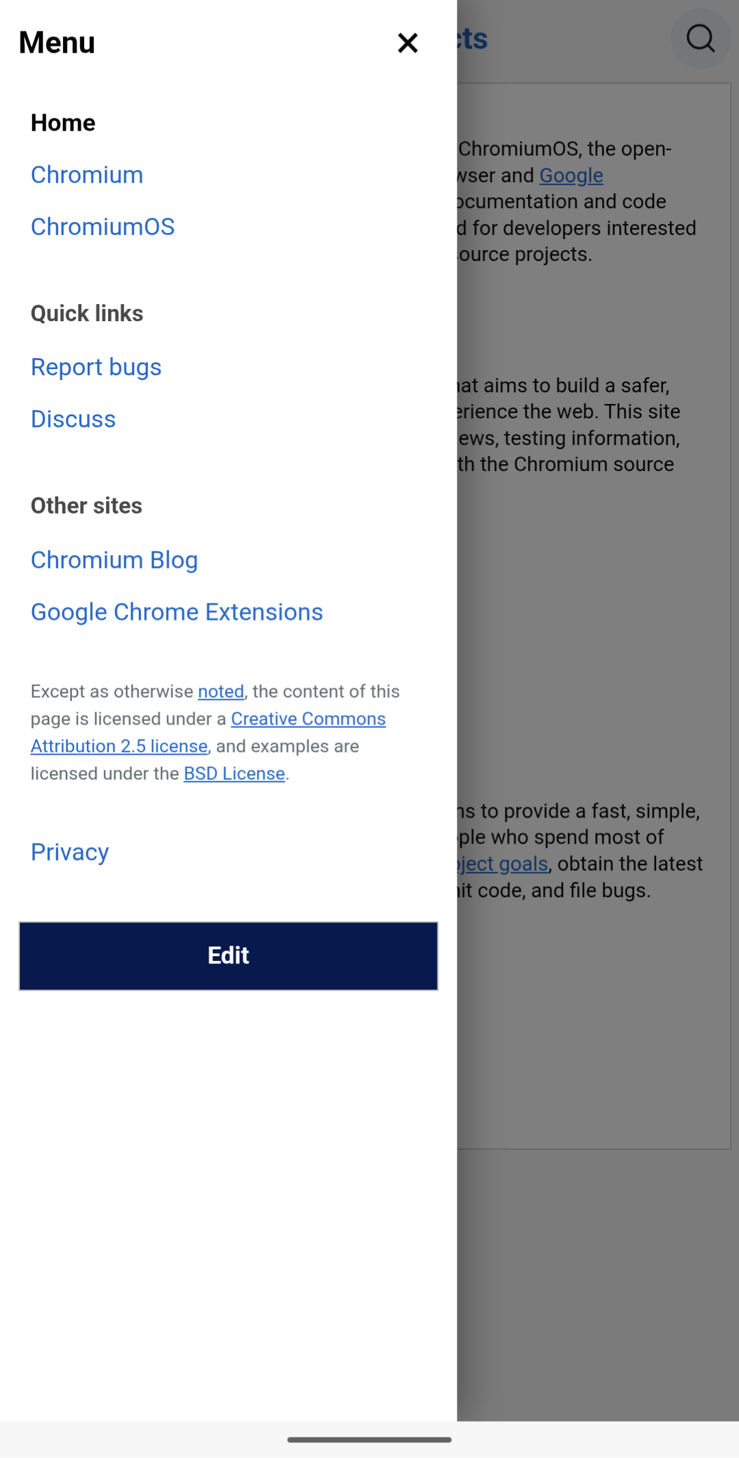 The Chromium.org mobile navigation drawer open over a dimmed page, listing Home, Chromium, ChromiumOS, quick links, and other sites