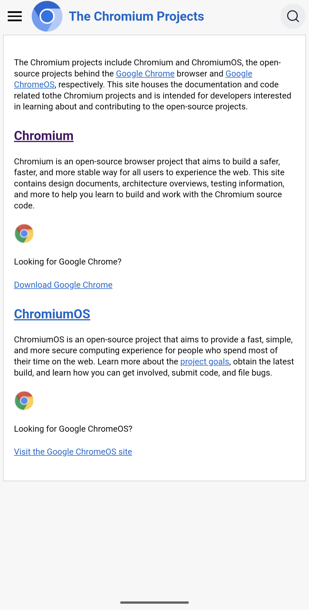 The Chromium Projects homepage on a phone after the change, rendering at device width with legible text