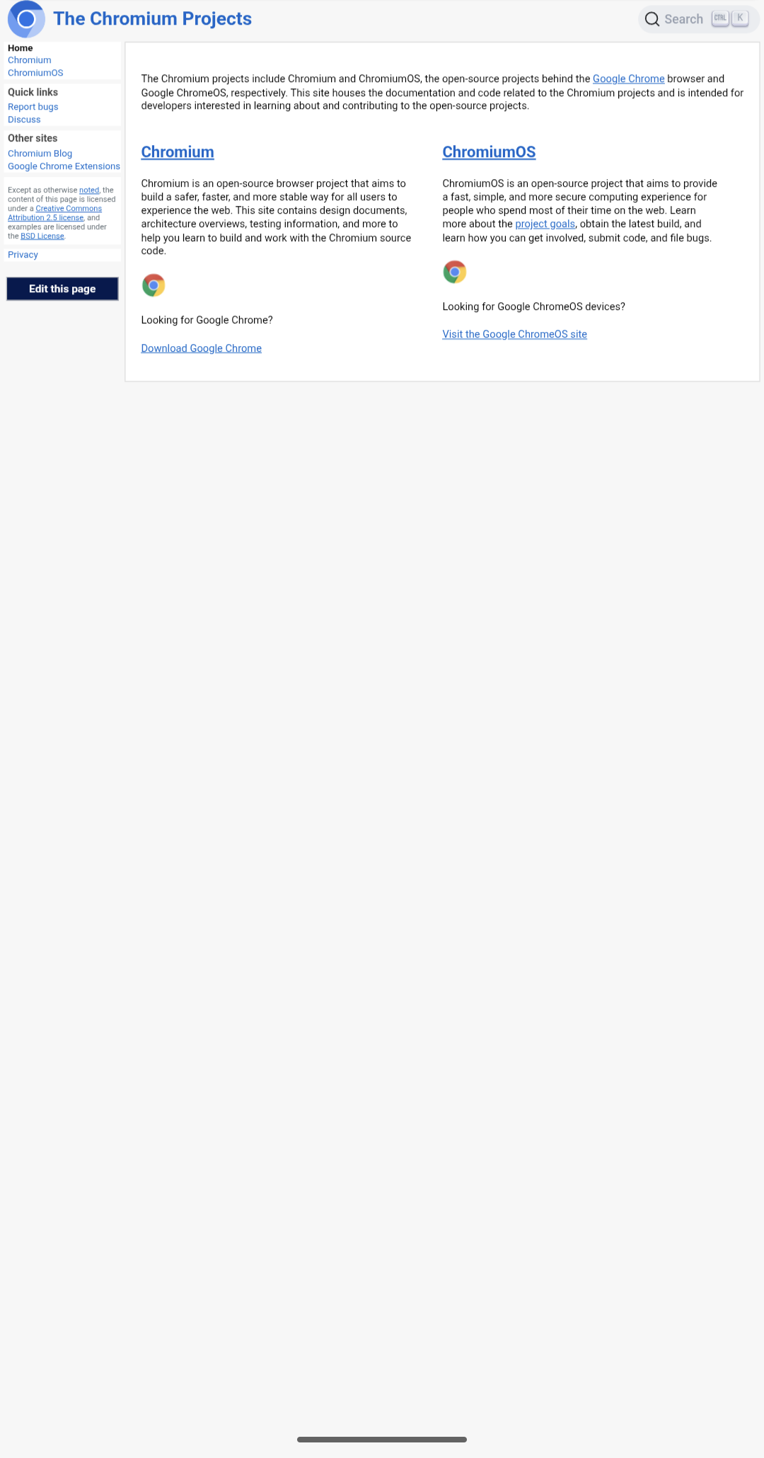 The Chromium Projects homepage on a phone before the change, rendered as a scaled-down desktop canvas