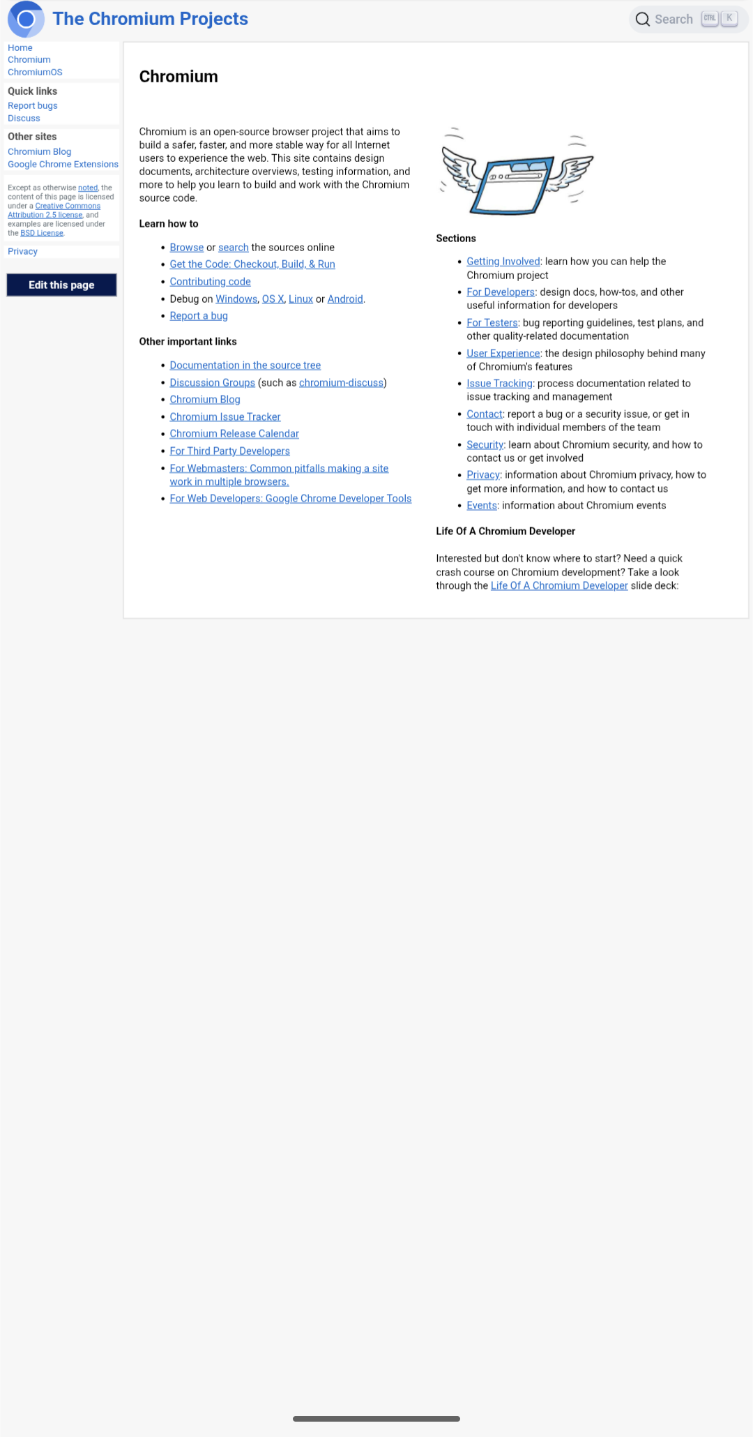The Chromium project page before the change, with the two-column layout squeezed side by side on a phone