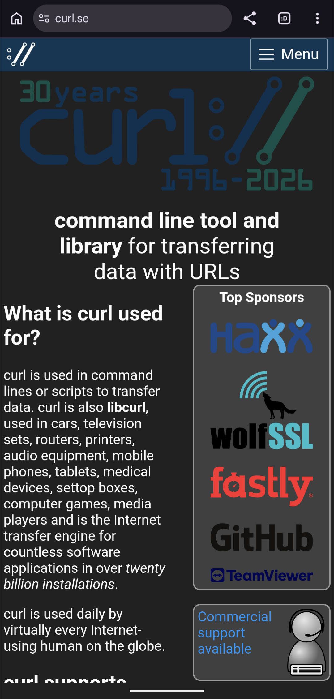 curl.se on a mobile viewport after the change, with navigation collapsed into a labeled Menu toggle beside the logo