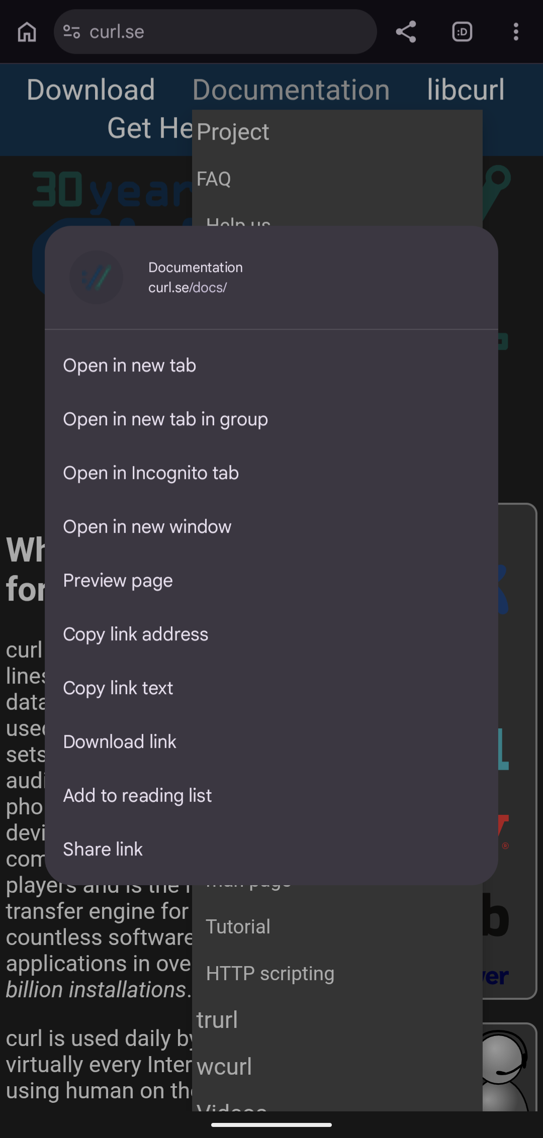 Long-pressing the Documentation category on curl.se in mobile Chrome, where the browser context menu covers the partially revealed submenu