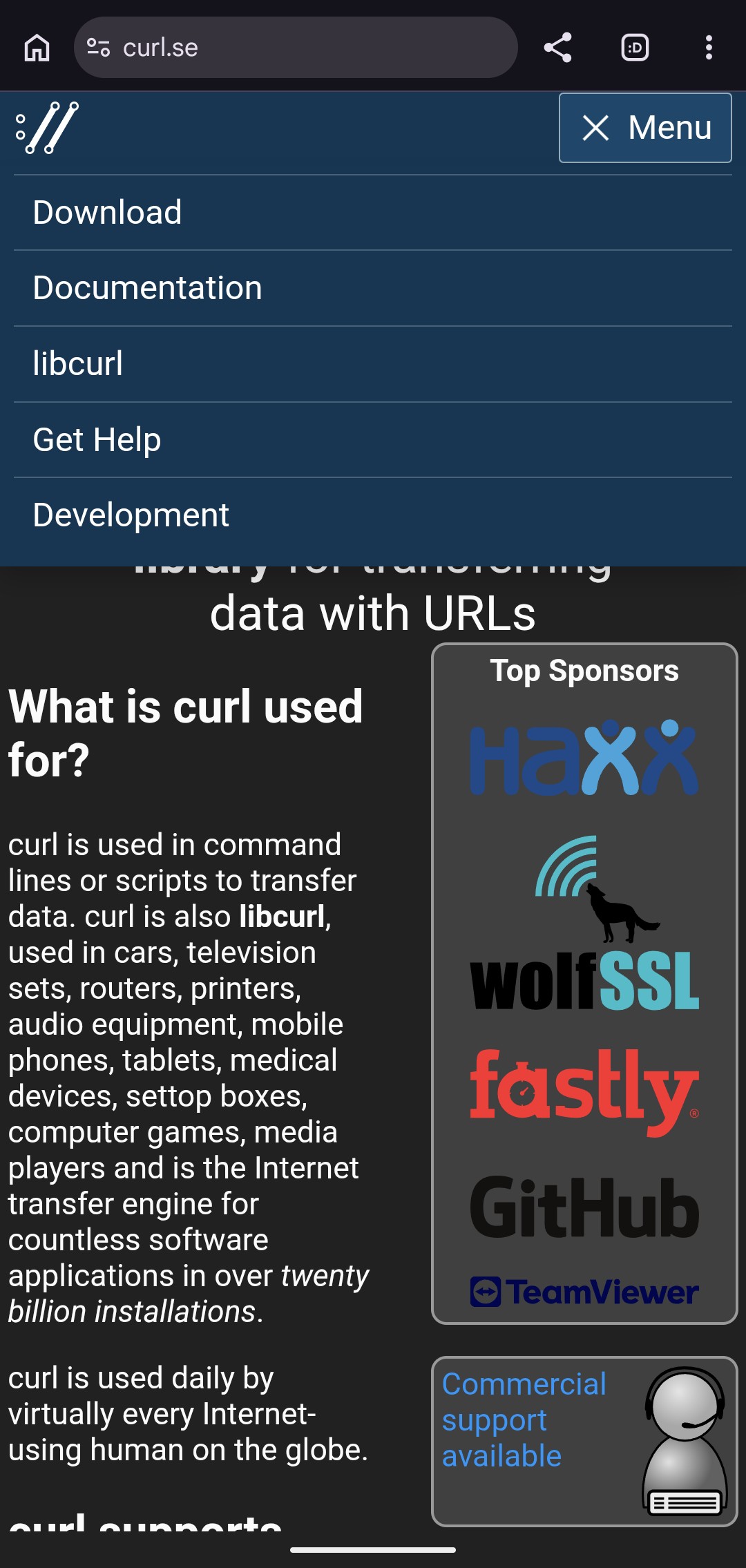 The curl.se mobile menu opened, listing Download, Documentation, libcurl, Get Help, and Development