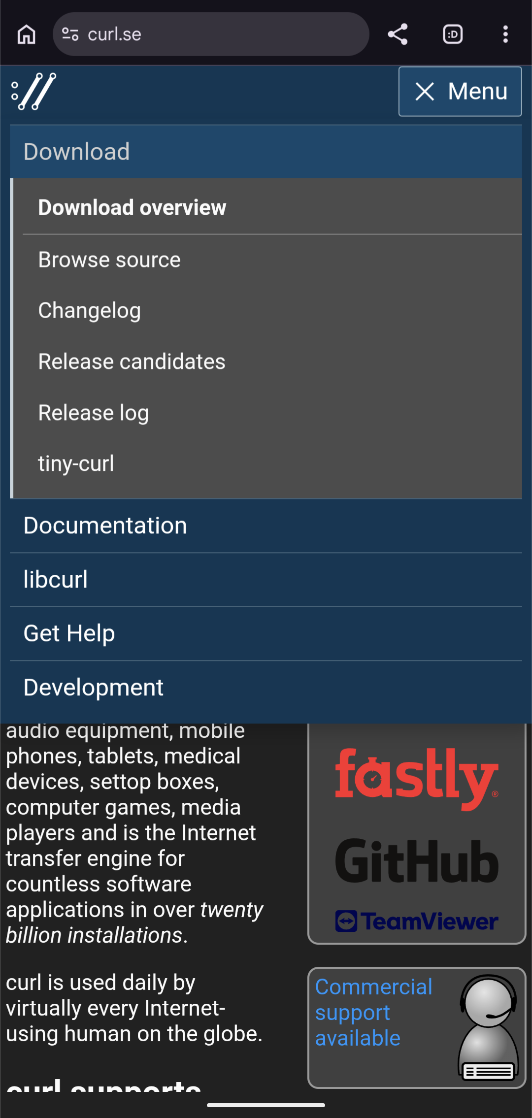 The Download category expanded in the curl.se mobile menu, showing Download overview first, followed by Browse source, Changelog, Release candidates, Release log, and tiny-curl
