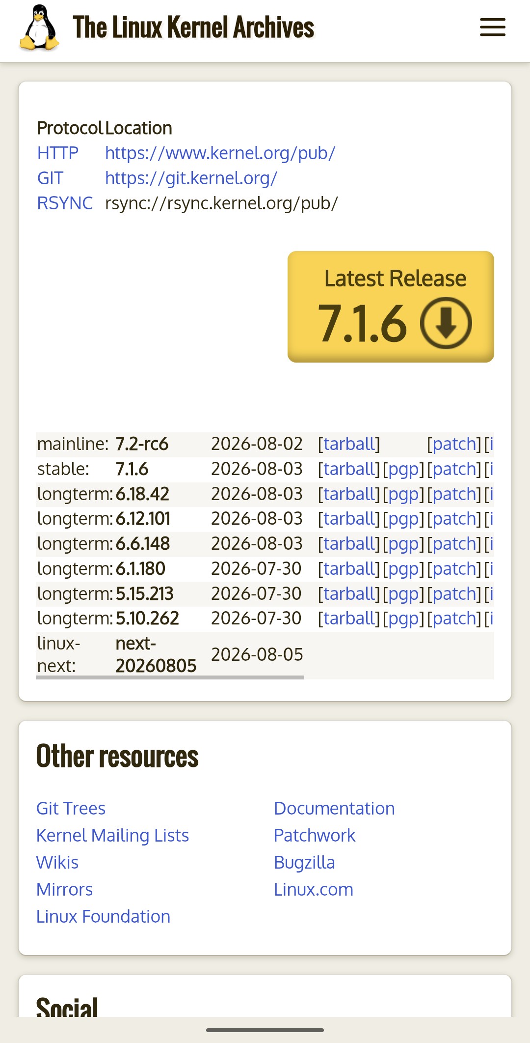 kernel.org on a phone after the change, rendering at device width with legible text