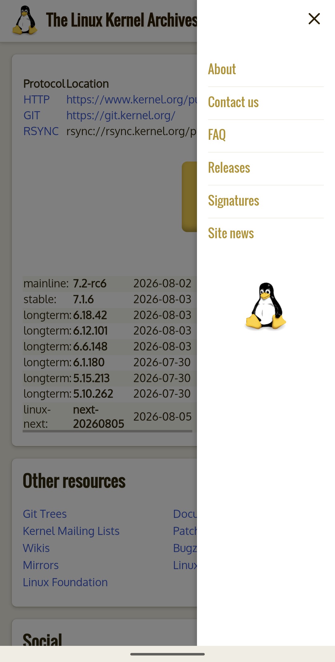 The kernel.org mobile drawer open, listing About, Contact us, FAQ, Releases, Signatures, and Site news over a dimmed page