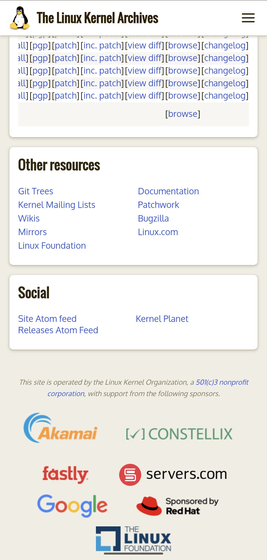 The bottom of kernel.org on a phone, showing the releases table scrolled sideways inside its own container, the resource and social lists in two columns, and the sponsor logos wrapped into a grid