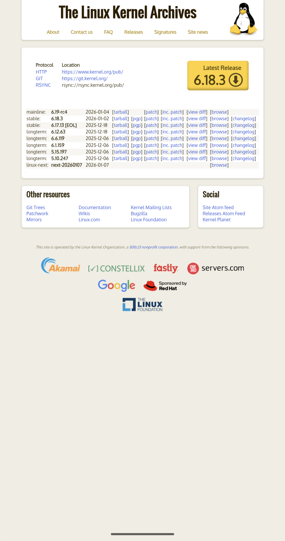 kernel.org on a phone before the change, with the full desktop page scaled down to fit the viewport and all text too small to read