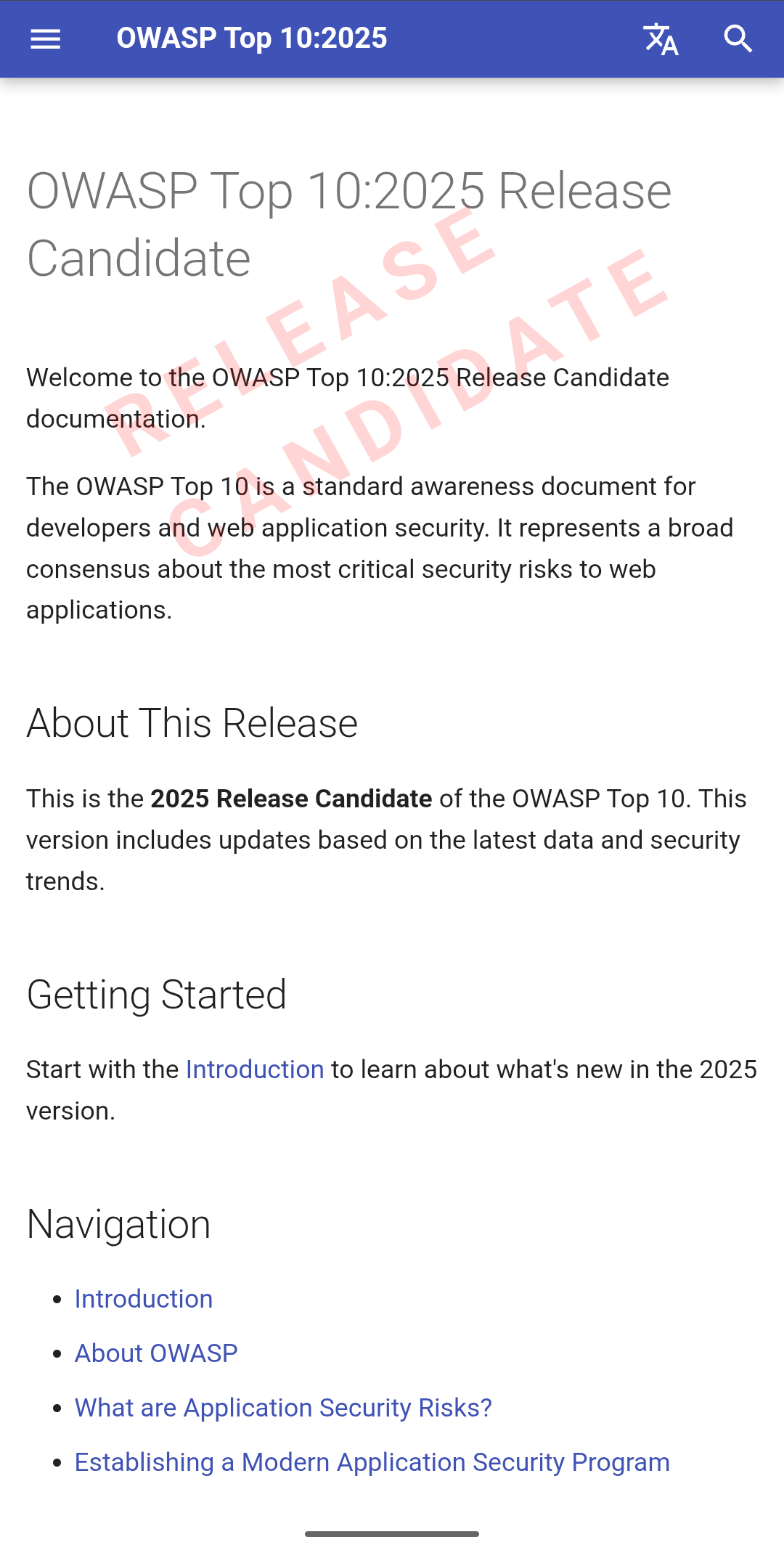 OWASP Top 10 release candidate mobile layout after watermark fix