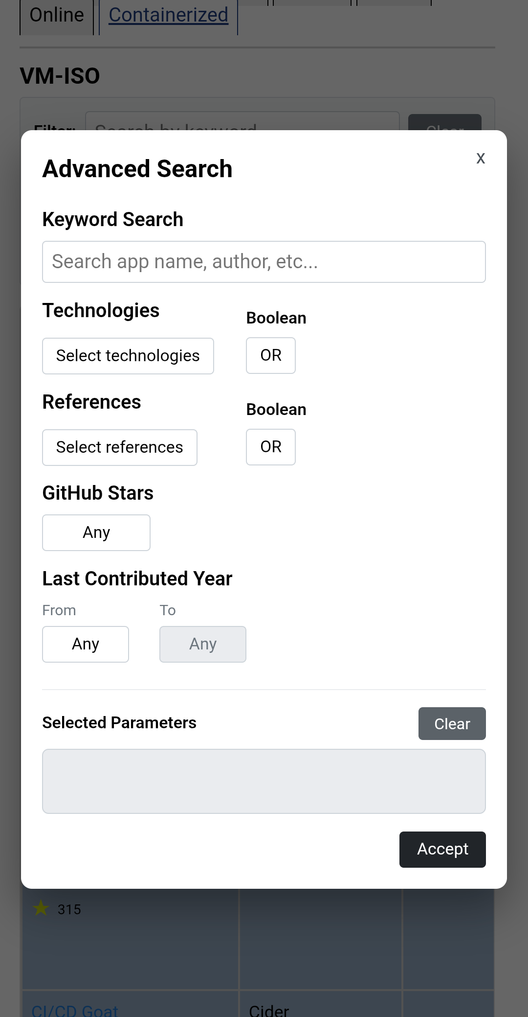 Advanced search modal empty state for the VWAD directory