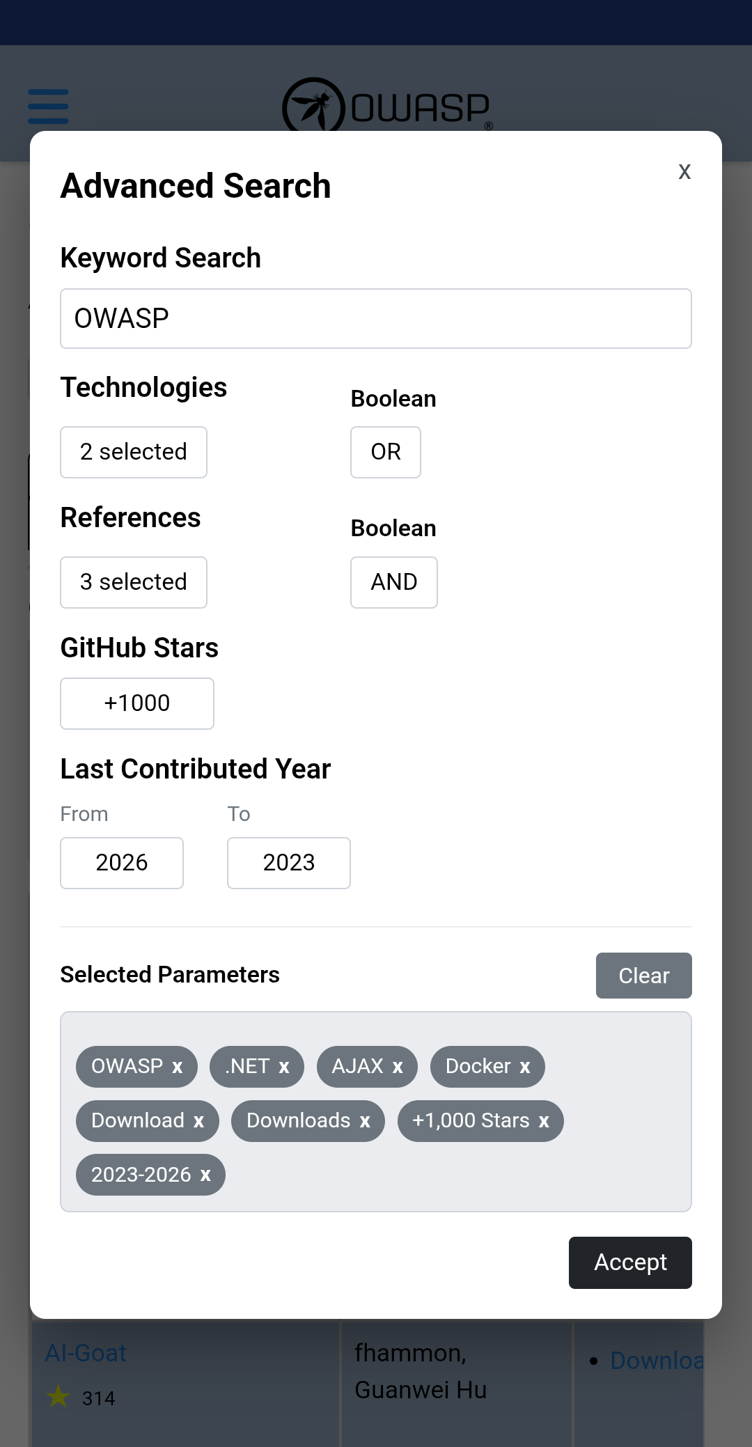 Advanced search modal filled state with parameters and pills