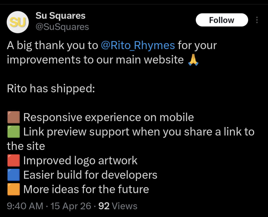 Su Squares public thank-you post listing the improvements Rito shipped.