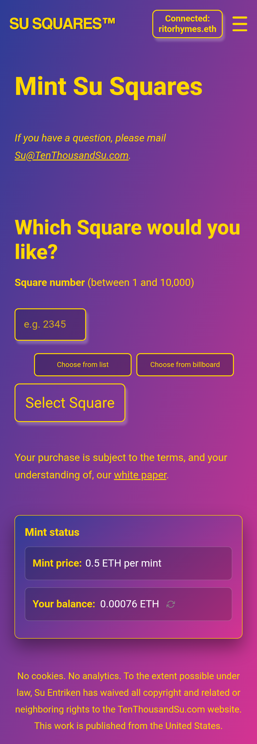 Forked Su Squares mint page on mobile after the redesign