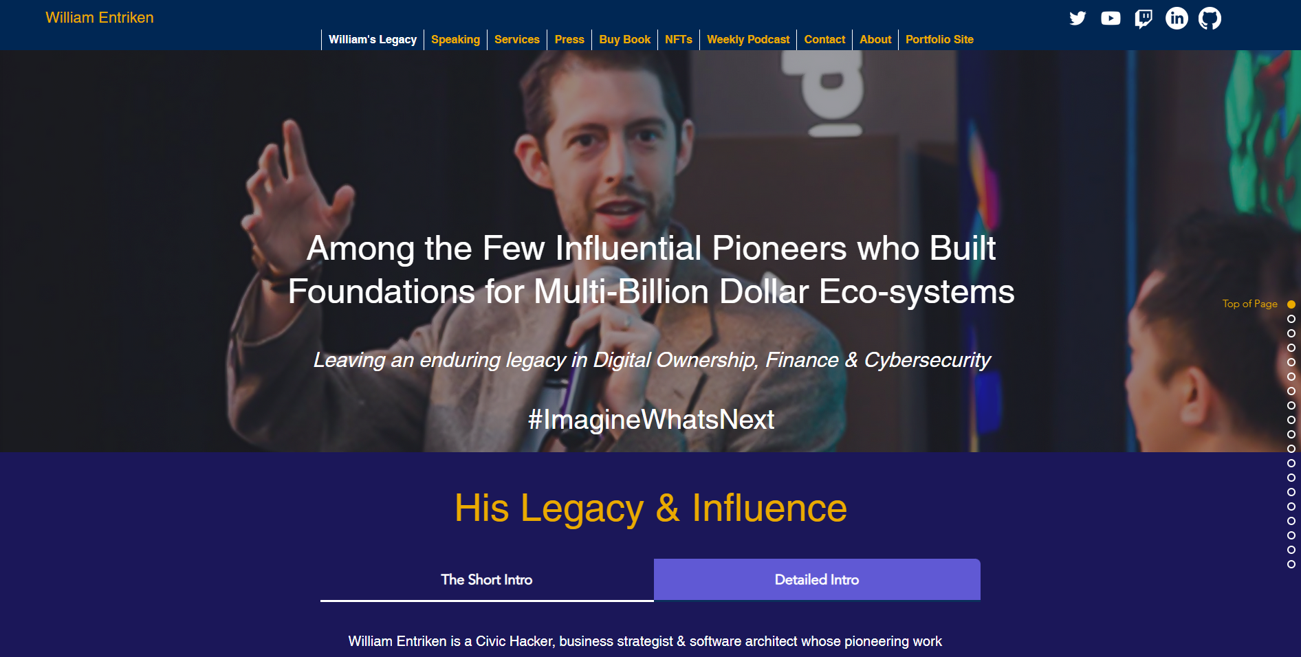 Screenshot of Williamentriken.net homepage featuring a photo of William Entriken and captions