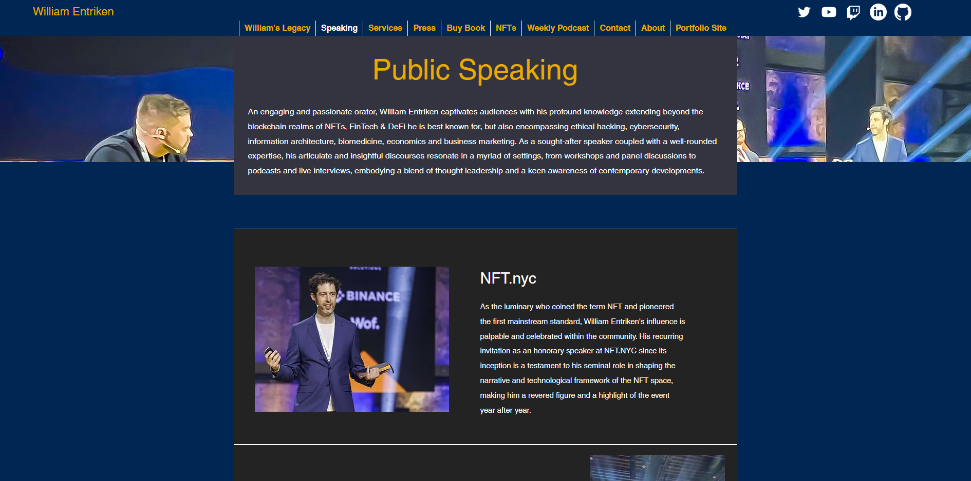 A screenshot of williamentriken.net on his speaker page with photos of him speaking at conferences